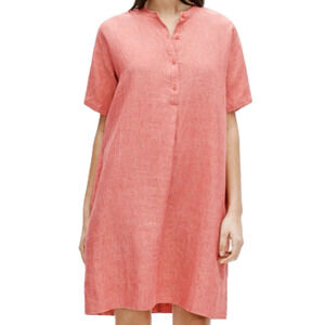 Eileen Fisher Dress Women SZ XL Washed Organic Linen Delave Mandarin Collar 258